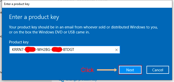 Enter Windows 10 activation key