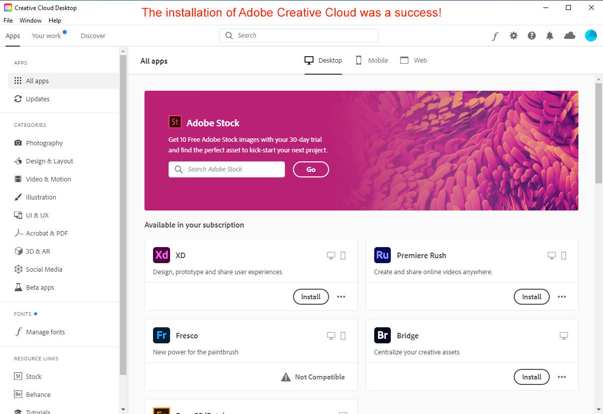 Successful Adobe Creative Cloud installation