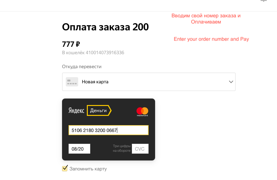 Payment of goods with card example